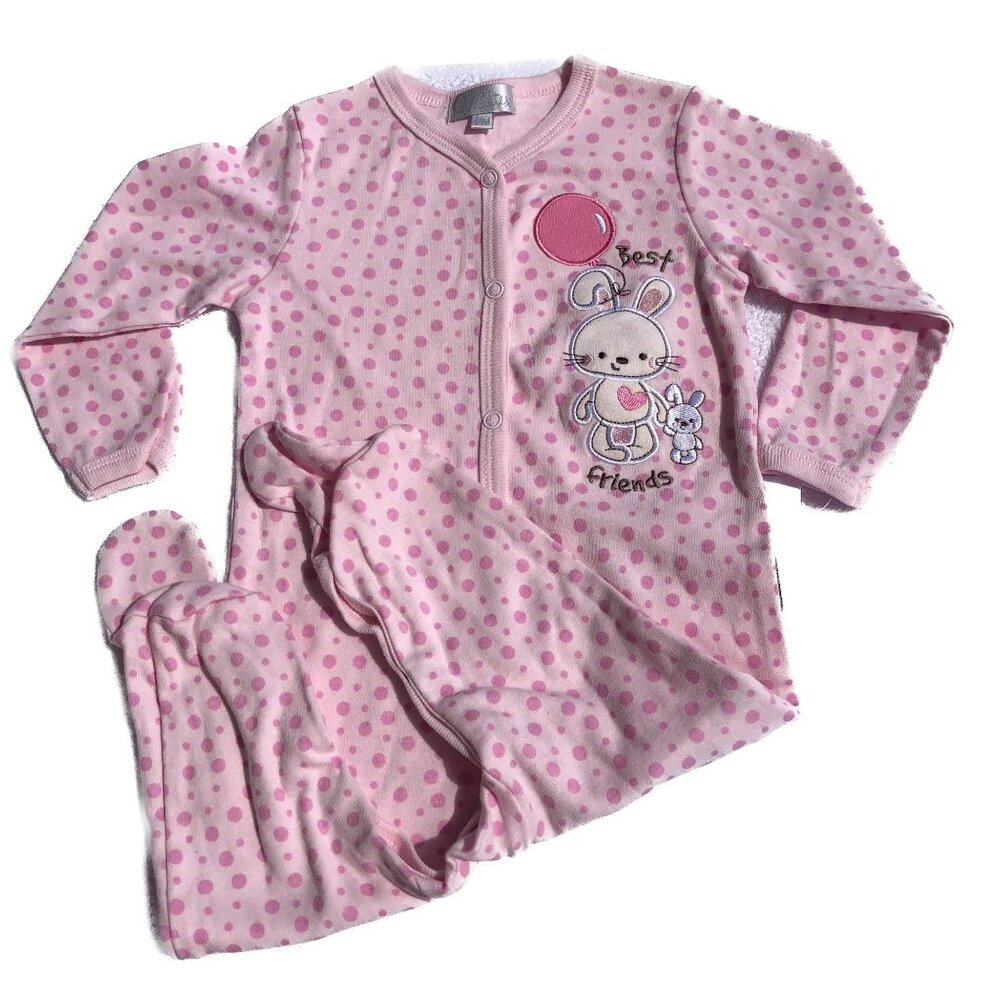 Quiltex Baby Girl Best Friends Footed Coverall Pink White Bunnies Size 6-9M